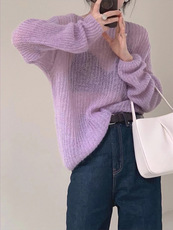 古风罩衫 【现货】紫罗兰马海毛套头毛衣女外穿2023新款宽松慵懒风针织上衣