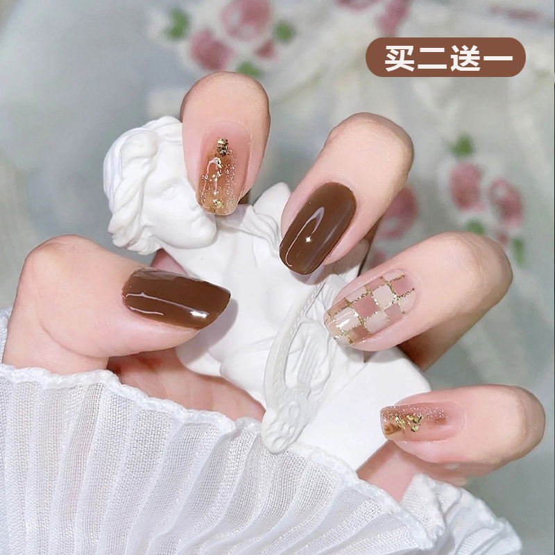 Wearine nail fake nail finished nail finished product detachable gold powder Chessboard Nail Sticker Short Meme Softly Temperament Net Red