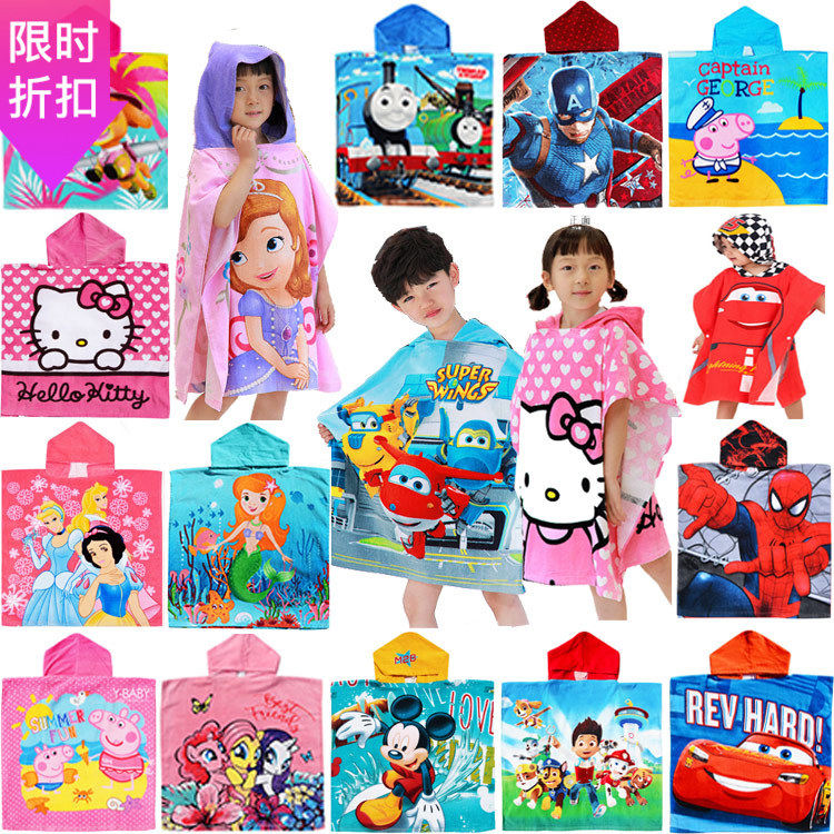 Children Lianhood cloak bath towels KT cat Spiderman Motors USA Captain Minimic Tonmaez towel beach