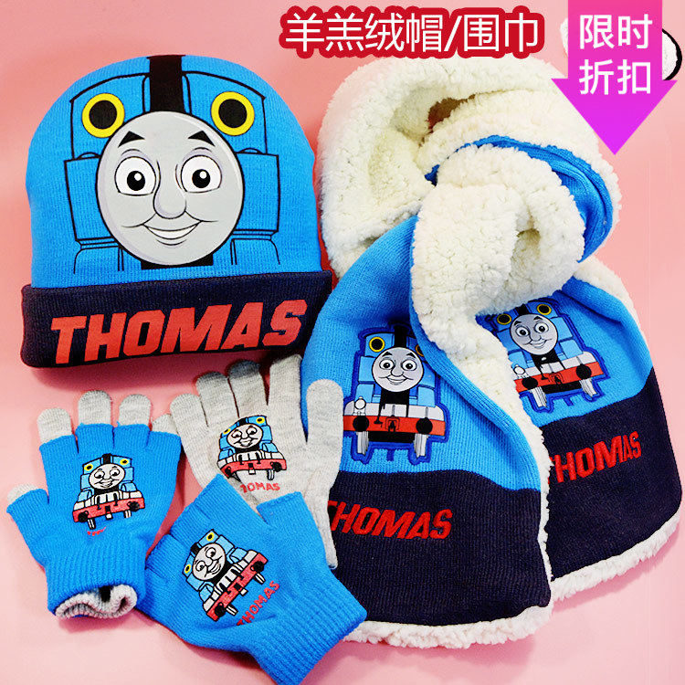 Thomas Hat Scarf Gloves Three-piece set Baby boy girl Child plush outdoor Knitted New Year gift