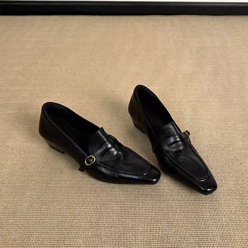 Sheepskin Version ~ Retro Genuine Leather Versatile Black Leather Shoes for Women, Slip-On Square Toe Simple Chunky Heel Loafers
