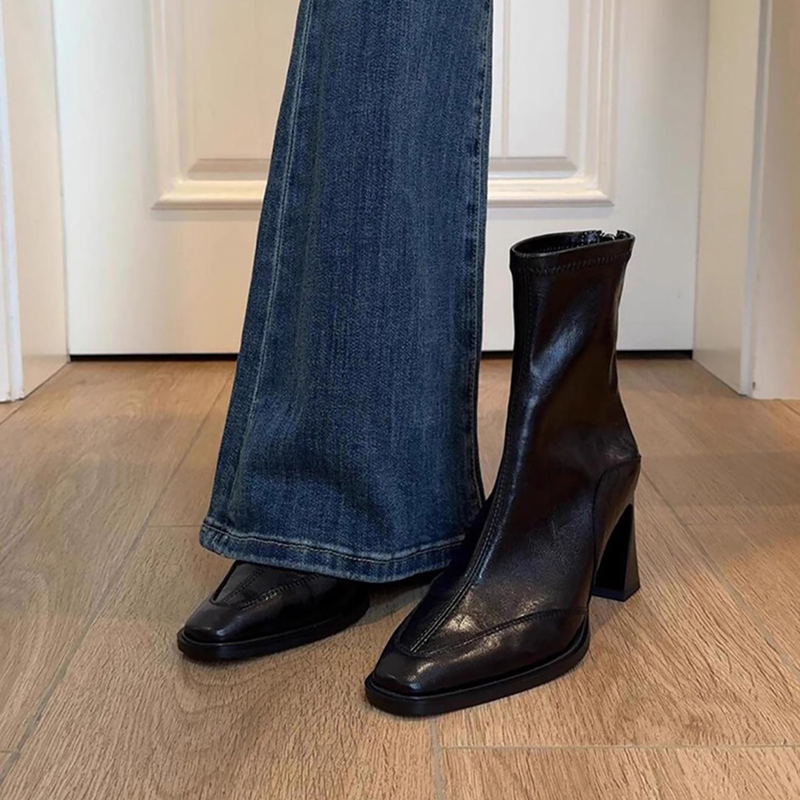 Sheepskin Version~ Korean Style Genuine Leather Chunky Heel Square Toe Short Boots, Retro Elastic Slim Boots for Women, Back Zipper High Heel Single Boots Sheepskin Version~ Korean Style Genuine Leather Chunky Heel Square Toe Short Boots, Retro Elastic Slim Boots for Women, Back Zipper High Heel Single Boots