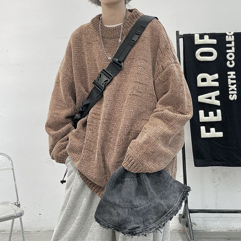 Chenille Knitwear Men's Autumn and Winter Thickeneded ins Trendyy Loose Round Neck Knitwear Lazy Hong Kong Style Knitwear Jacket