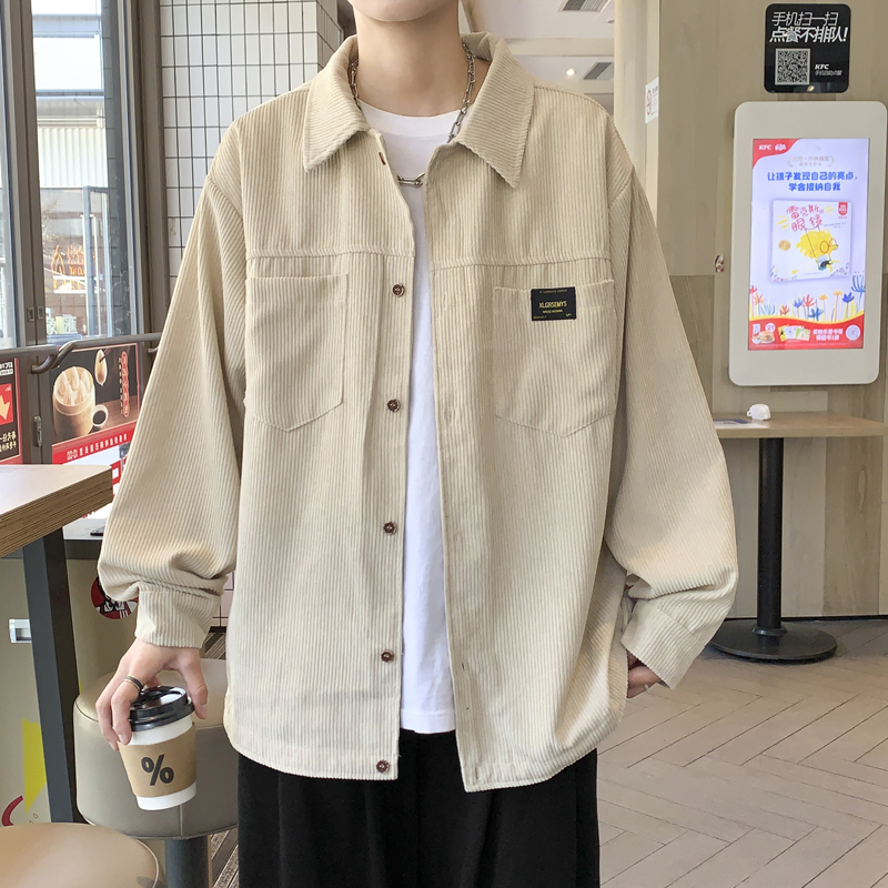 Autumn Japanese-Style Corduroy Jacket for Men, Trendy Retro Fleece-Lined Outerwear Shirt Style, Versatile Couple's Workwear