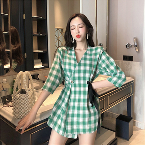 女装韩版chicV领短袖格子连衣裙