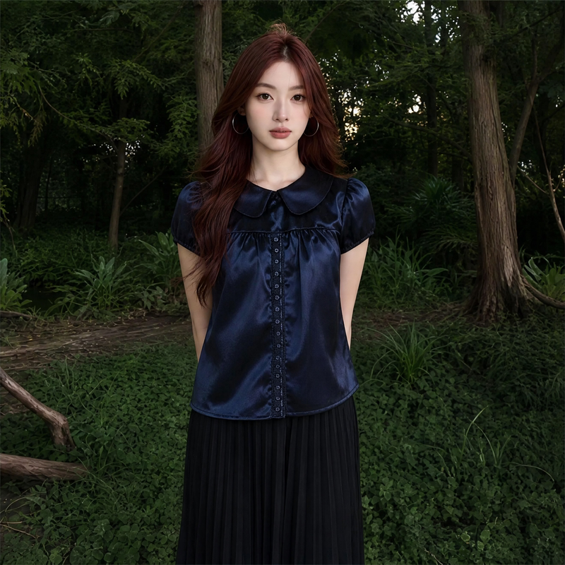 【Navy Blue Moment】Korean-Style Short-Sleeve Shirt for Women, Summer Satin Blouse with Puff Sleeves and Doll Collar