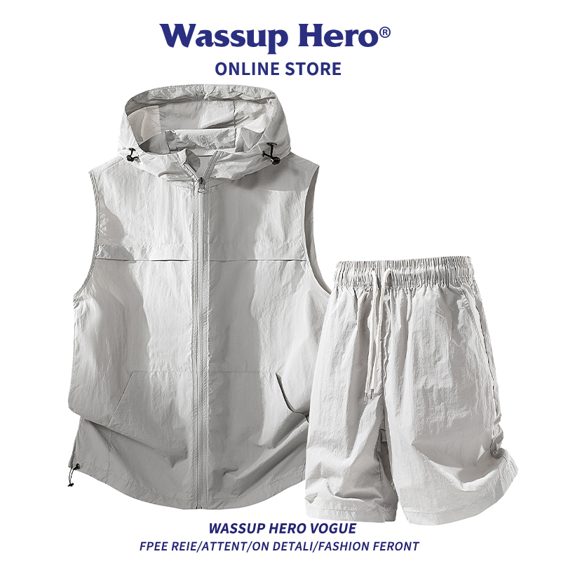Wassup Hero Summer Sports Sleeveless Hooded Vest Men's Suit Quick-Drying Cardigan Vest Two-Piece Set