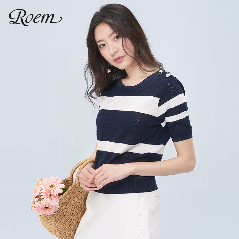 Roem Summer Ladies Fashion Hit cổ tròn ngắn tay Sauing RCKW92501C