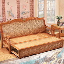 Rattan sofa bed Multi-functional solid wood rattan woven three-person folding telescopic sitting and sleeping dual-use living room push-pull rattan sofa bed