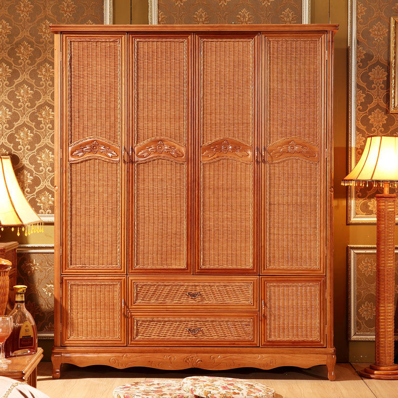 Vine Wardrobe Solid Wood Vines Wood Closet Large Wardrobe Rattan Wardrobe Retro Four-door Wardrobe Wooden Bedroom Assembly Cabinet
