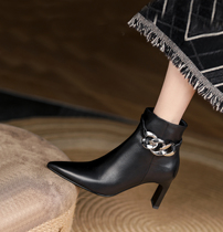 Style Small Short Boots Woman Pointy Autumn Winter 2022 New Genuine Leather Boots High Heel Spring Autumn Single Boots Coarse Heel Nude Boots