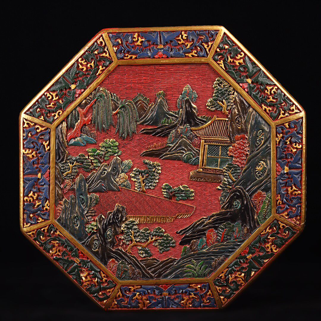 Old Tibetan old Beijing lacquer ware jewelry box Wen play box lacquer ware painted landscape artistic conception octagonal storage box ornaments