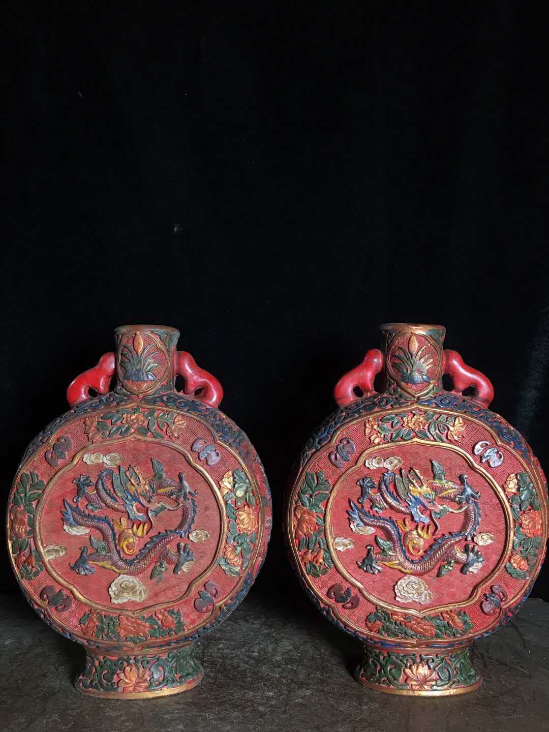 Folk collection Old color painted lacquerware vase A pair of home swing accessories high 26 cm