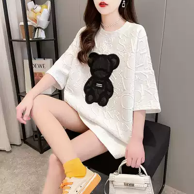2021 New Net Red fashion pregnant women's summer short sleeve t-shirt women's tide embroidery medium long coat large size women's