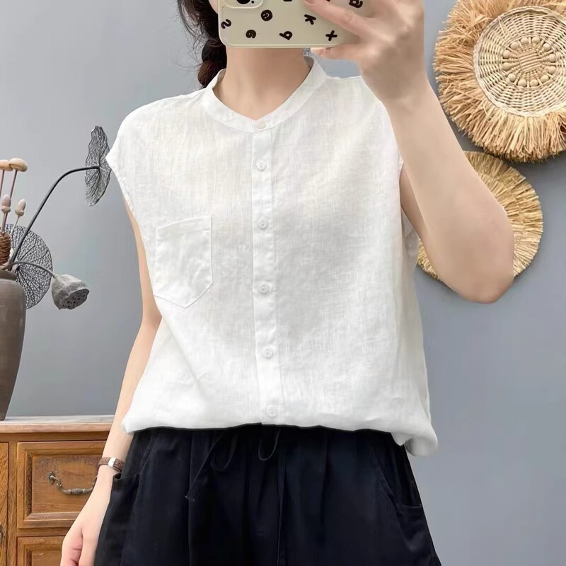 2026 Summer New Solid Color Flutter Sleeve Loose Linen Shirt for Women with Pockets, Single-Breasted Stand Collar Sleeveless Blouse 2026 Summer New Solid Color Flutter Sleeve Loose Linen Shirt for Women with Pockets, Single-Breasted Stand Collar Sleeveless Blouse