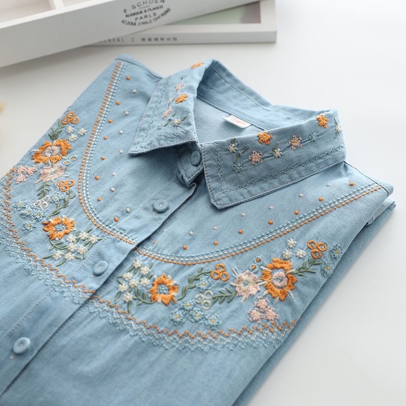 Retro Literary Floral Embroider~2025 Autum New Loose Long-Sleeved Shirt Women's Denim Shirt Top