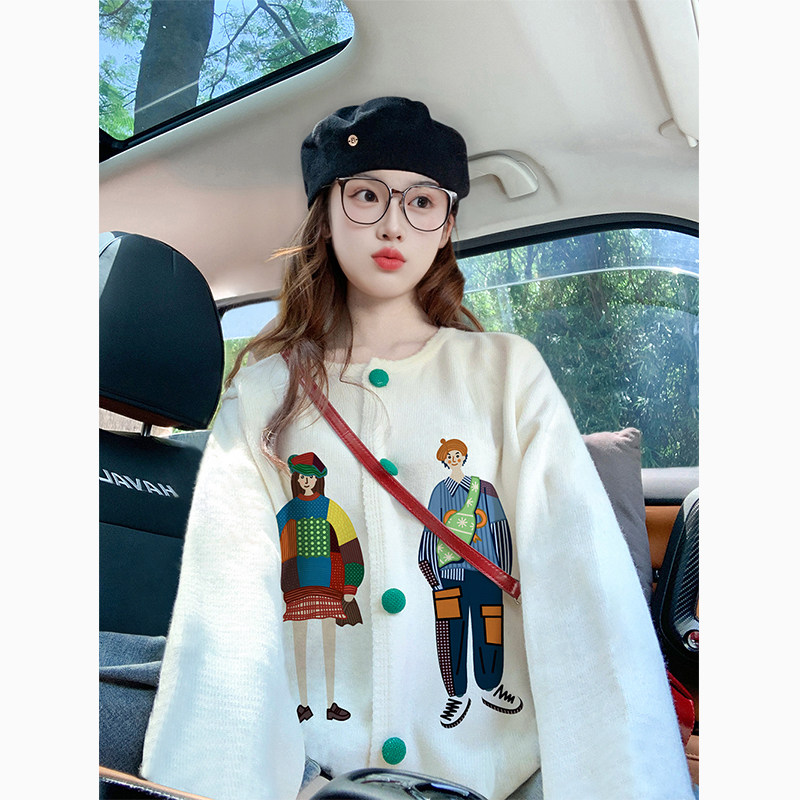 白色卡通潮牌印花开衫毛衣外套女秋冬2026新款宽松慵懒上衣针织衫