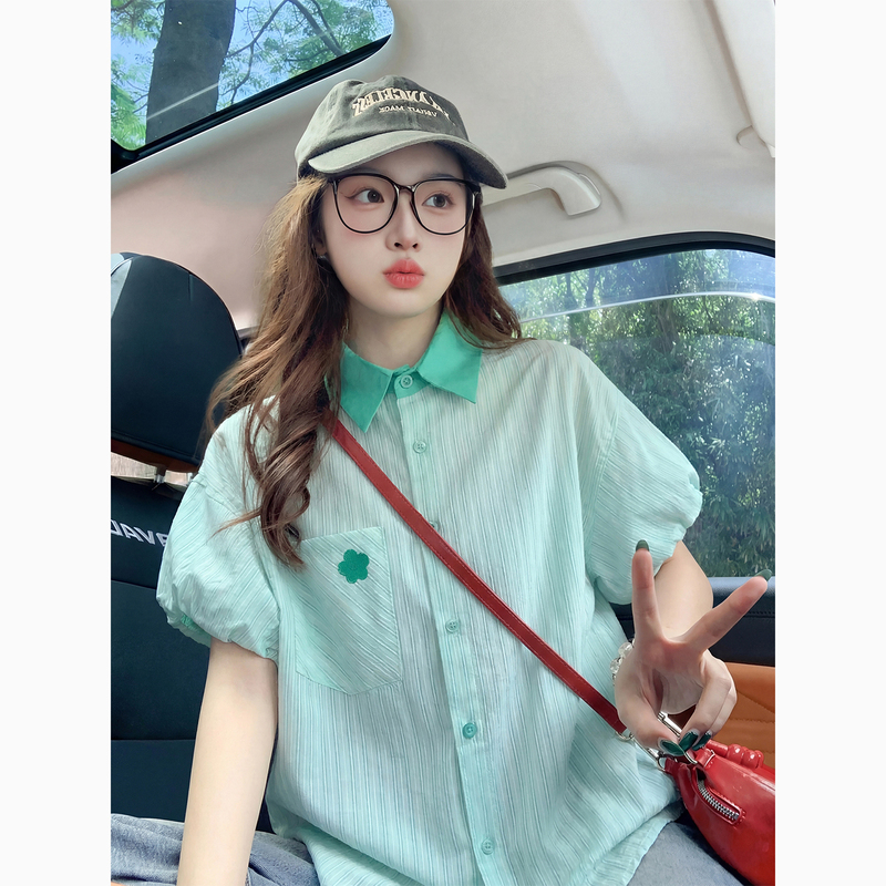 Mint Green Striped Shirt for Women, Summer 2026 New Style, Sweet Short-Sleeve Design, Dopamine Outfit Top for Women Mint Green Striped Shirt for Women, Summer 2026 New Style, Sweet Short-Sleeve Design, Dopamine Outfit Top for Women