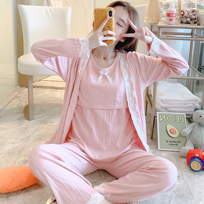Lunar Subsuit Spring Autumn Postnatal Pure Cotton Three-Three Style March Breastfeeding 4 Lactation Autumn Maternity Family Guy Pregnant Woman Pyjamas