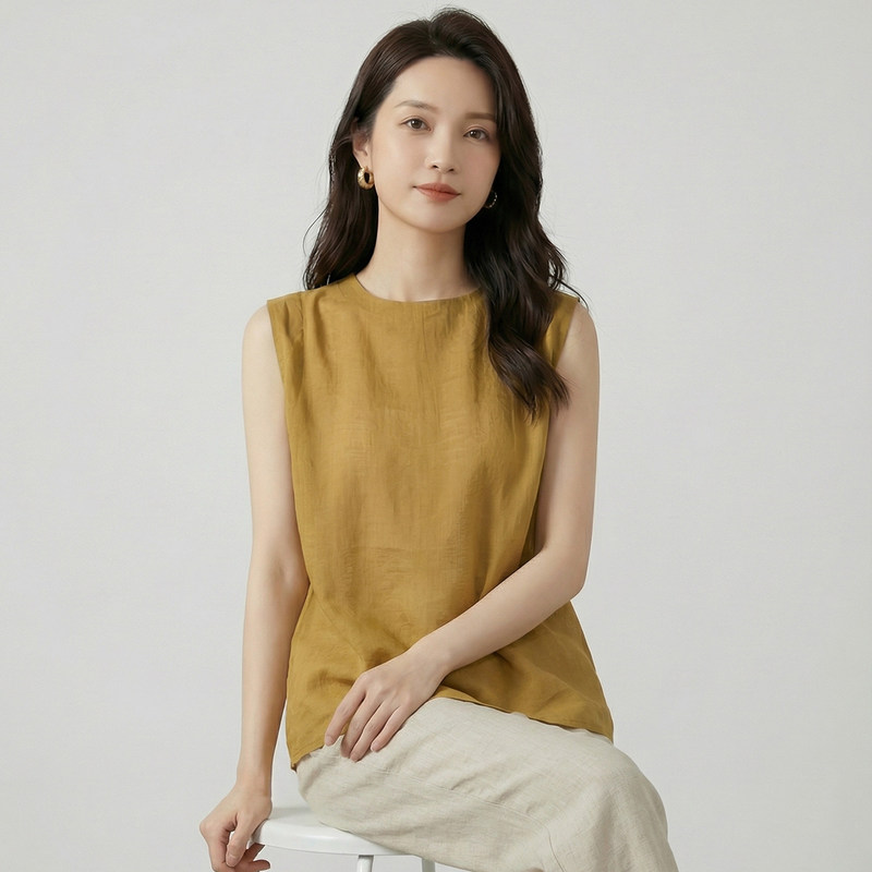 Minimalist Style Ramie Vest for Women, Summer Thin and Comfortable Sleeveless Round Neck Vest, Slimming and Versatile Outerwear with a Textured Feel