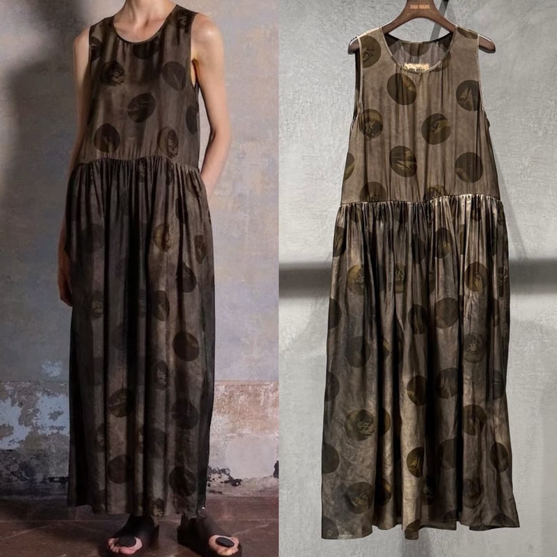 Trendy Niche Uma Style Color-Blocked Printed Loose Slimming Plant-Dyed Sleeveless Tank Dress Long Dress