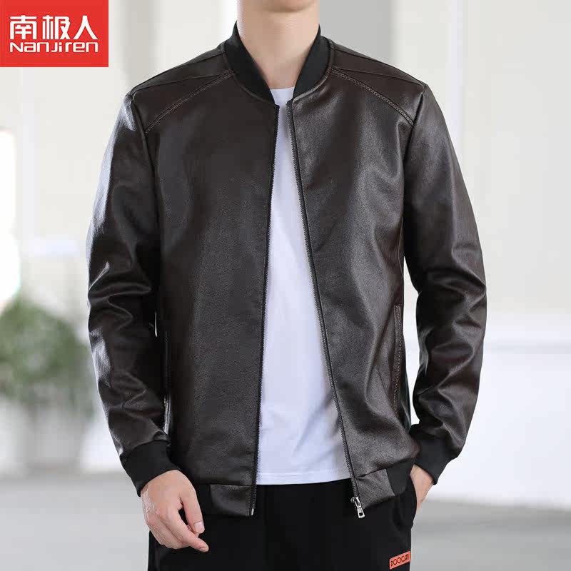 Antarctic leather jacket men's spring and autumn baseball collar loose plus velvet large size men's sheepskin jacket coat