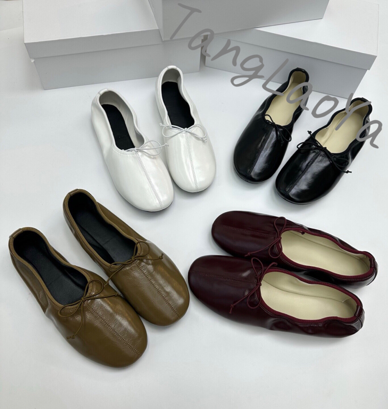 French Retro Lazy Style Bow-Tie Round-Toe Ballet Shoes, Genuine Leather Flat Versatile Slip-On Shallow Mouth Granny Shoes