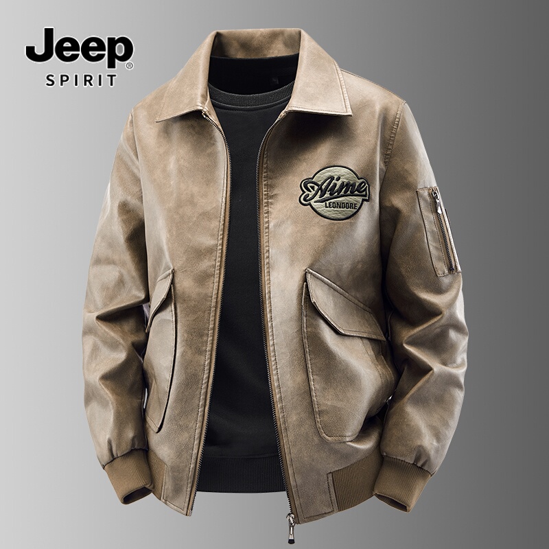 Jeep Spirit Jeep Leather Jacket Men's Stylish Casual Autumn and Winter New Trendy Embroidered Slim Fit Jacket