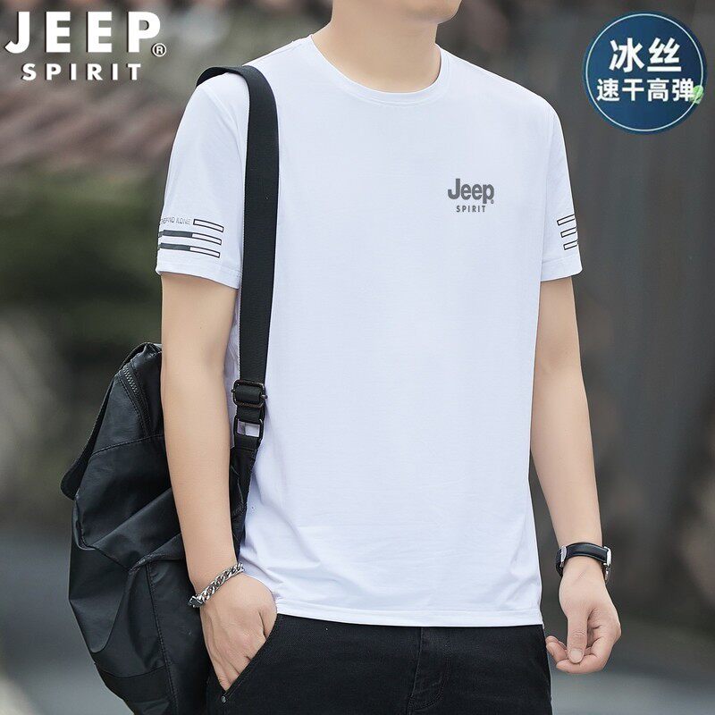 Футболка JEEP SPIRIT Jeep с короткими рукавами, мужская летняя новая быстросохнущая футболка из ледяного шелка с круглым вырезом и высокой эластичностью, дышащая футболка Изображение 1