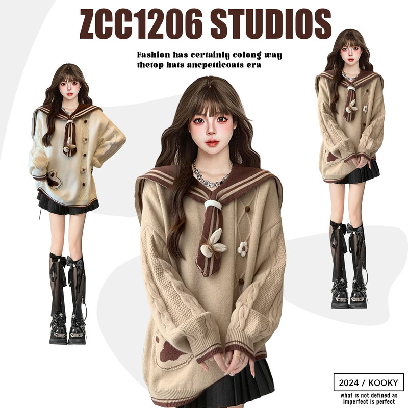 American Retro Navy Collar Preppy Style Long-Sleeved Knitted Sweater for Women, Autumn and Winter Design, Lazy and Loose, Slimming Jacket