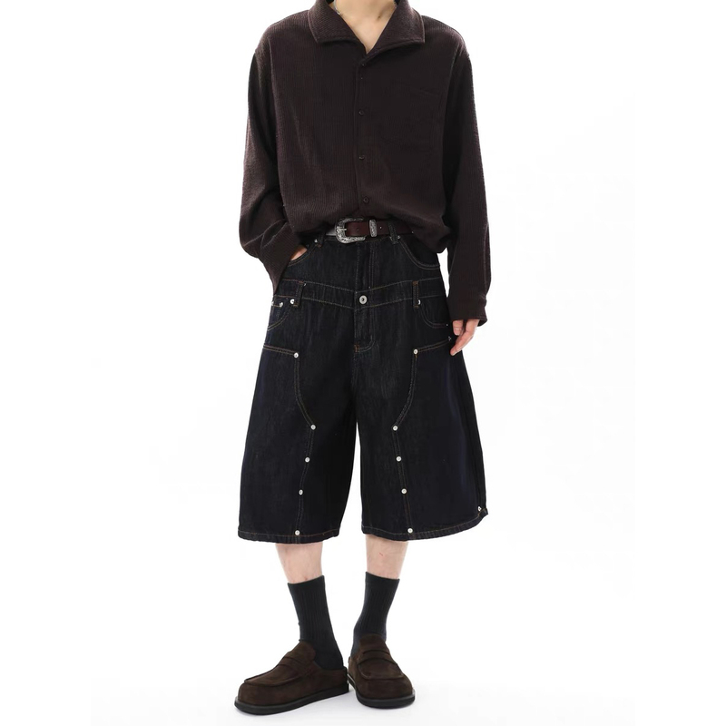 Niche Deconstructed Studded Washed Patchwork Double Waistband Denim Shorts Unisex Loose Trendy Casual Workwear Cropped Pants