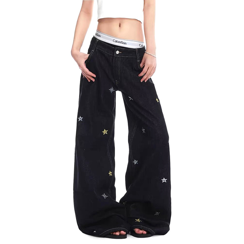 American Retro Washed Distressed Embroidered Jeans for Men, Trendy High Street Loose Wide-Leg Cool Design Long Pants