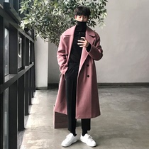 Pink cashmere coat mens long over-the-knee Korean version of the double-row windbreaker winter thickened loose British wind coat