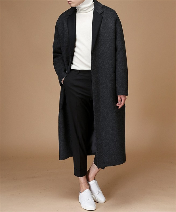 Áo khoác len nam nam dài phần phiên bản Hàn Quốc đầu gối lệch vai áo khoác cashmere rộng rãi nam 2018 mới thu đông áo khoác vest nam