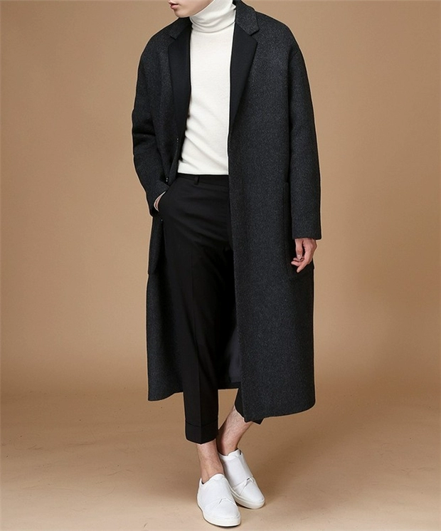 Áo khoác len nam nam dài phần phiên bản Hàn Quốc đầu gối lệch vai áo khoác cashmere rộng rãi nam 2018 mới thu đông áo khoác nam kaki