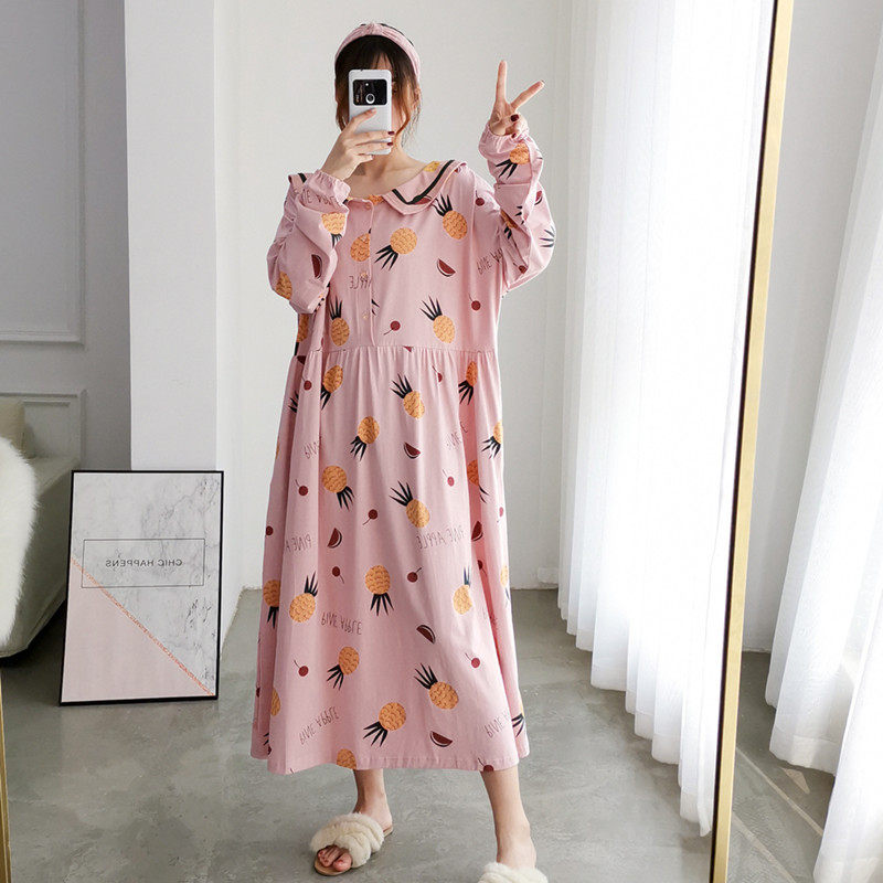 Cotton lengthened pineapple nightdress Korean version autumn and winter long sleeves plus fat size cute pregnant women fat mm 200 catties pajamas women