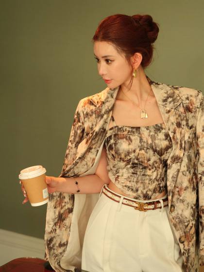 李婉君 法式高级感复古设计感扎染印花西装外套女秋新款古着上衣