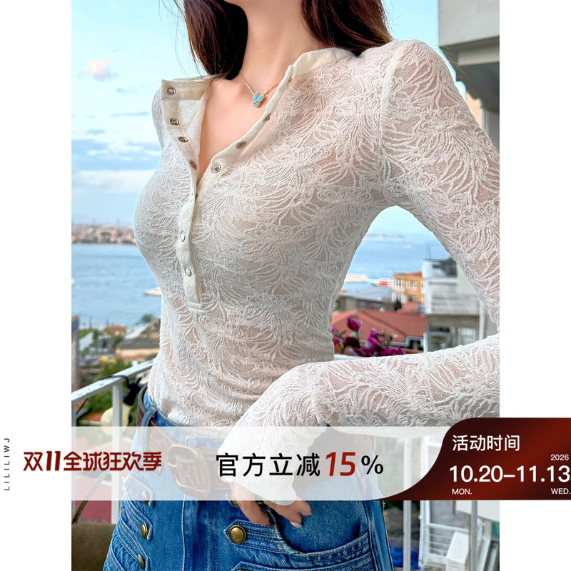 Li Wanjun Pure Desire Lace Jacquard Slim Long-Sleeve Top for Women, Autumn Style, Petite Socialite Outfit, Henry Collar Slightly Sheer Base Shirt