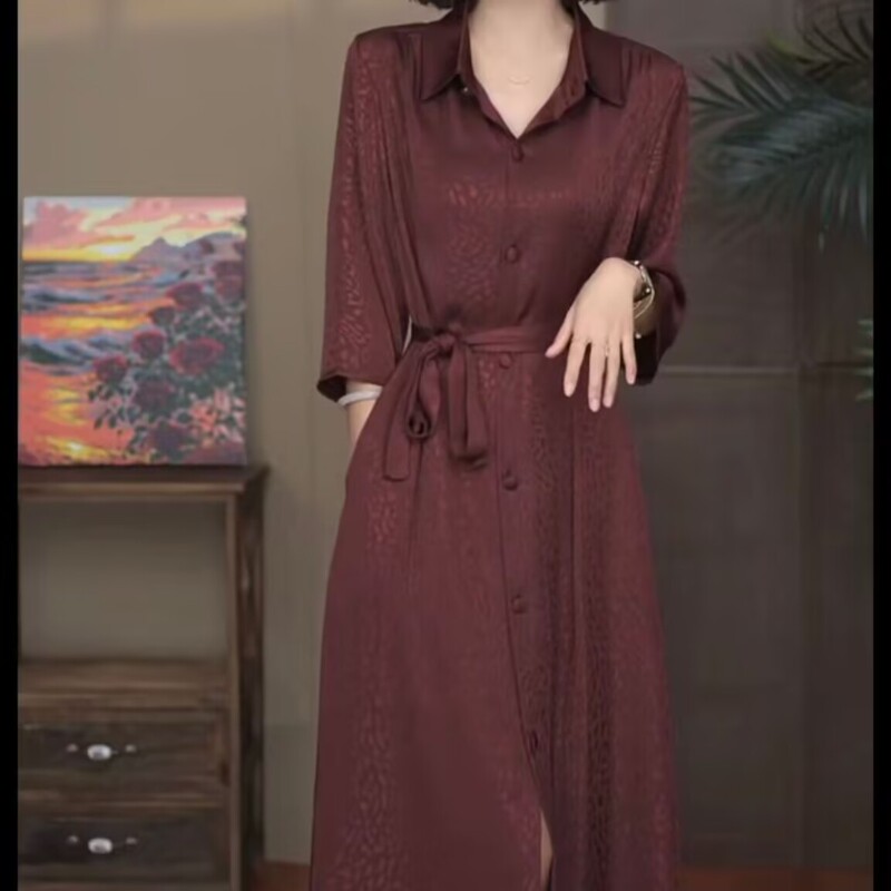 Dress Made of Rayon with Colorful Satin, High-End Summer New Fashion, Elegant Cardigan-Style Trench Coat Dress, Mid-Length and Loose-Fitting