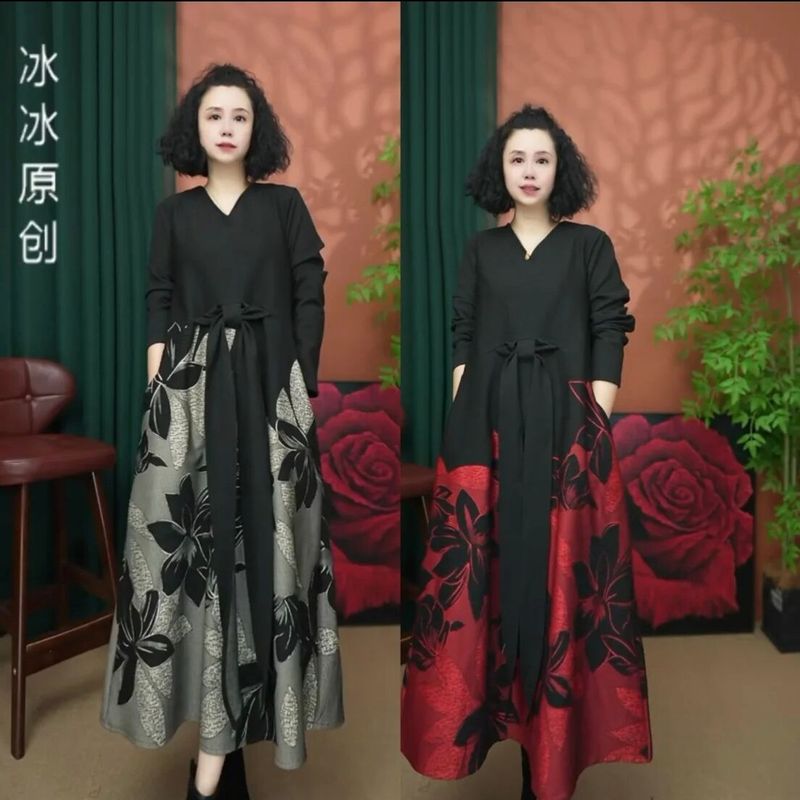 Autumn New Fashion Design Ribbon Slimming Dress Middle-Aged Women's Elegant High-End Long Sleeve Spring and Autumn Dress