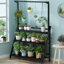 Balcony flower stand floor-standing multi-layer shelf solid wood Green Luo three-layer climbing frame living room hanging flower pot shelf