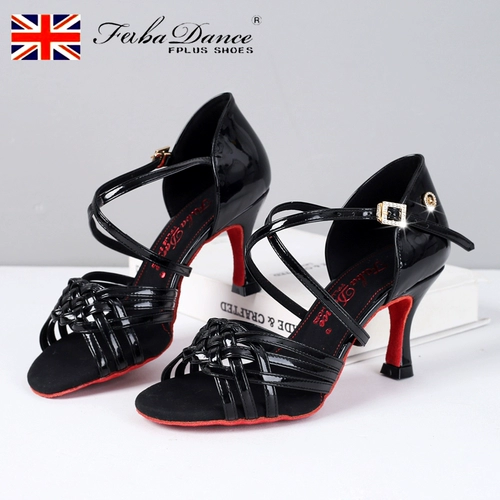 FABADANCE Туфли для латиноамериканских танцев для женщин, мягкая подошва для взрослых, танцевальные туфли на среднем и высоком каблуке, черная блестящая кожа, красная подошва, танцевальные туфли с пальмовым маслом