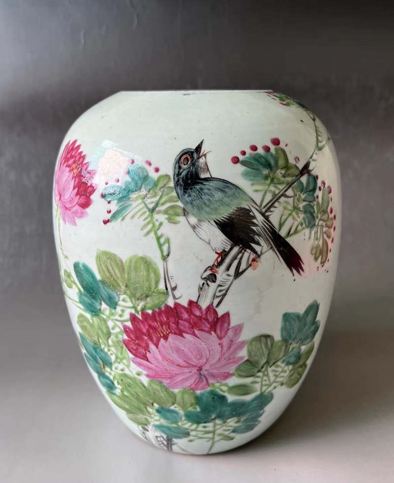 Ancient playing with antique porcelain virtuoso Wang Qishun for flower and bird poetry Pink Winter Melon Large Jar 4-Taobao