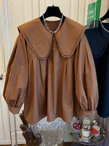 Maternity shirt autumn 2024 new spring and autumn retro doll collar lantern sleeve shirt petite style top