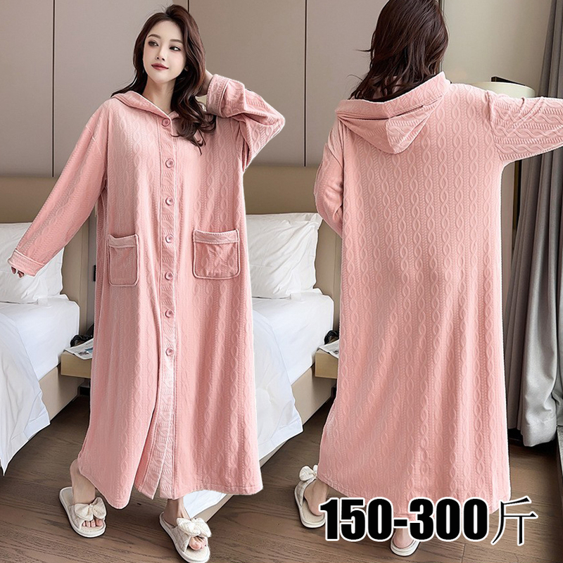 200- 130150kg Extra Large Size Women's Flannel Nightgown Extra Long Autumn and Winter Warm Bathrobe Hooded Floor Mopping
