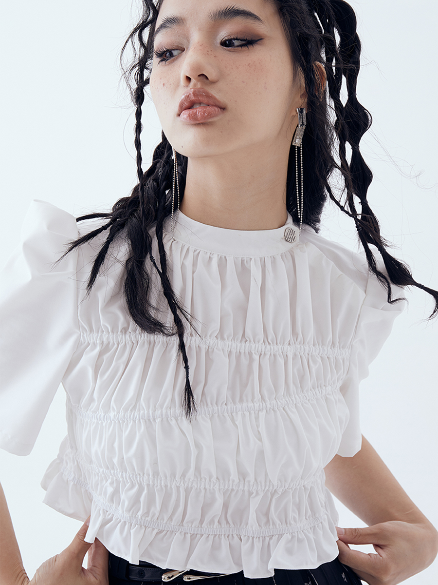 ECCE HOMO 22SS Irregularly folded French retro puff sleeve t-shirt sweet and cool slim fit cropped top