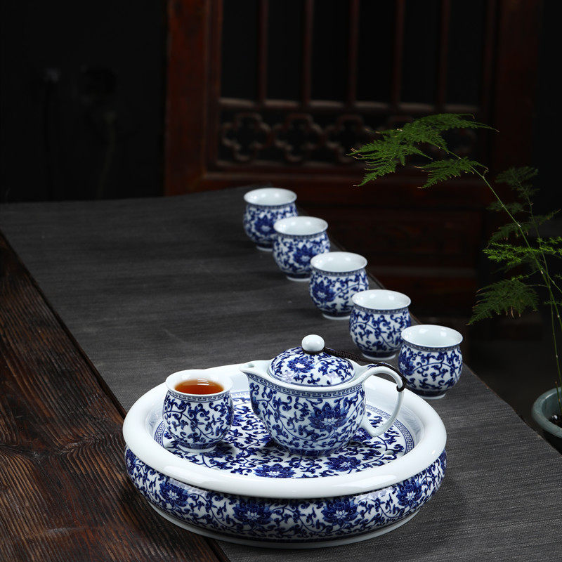 Jingdezhen high-grade blue and white porcelain kung fu tea set set ceramic teapot double-layer teacup with tea tray complete gift box