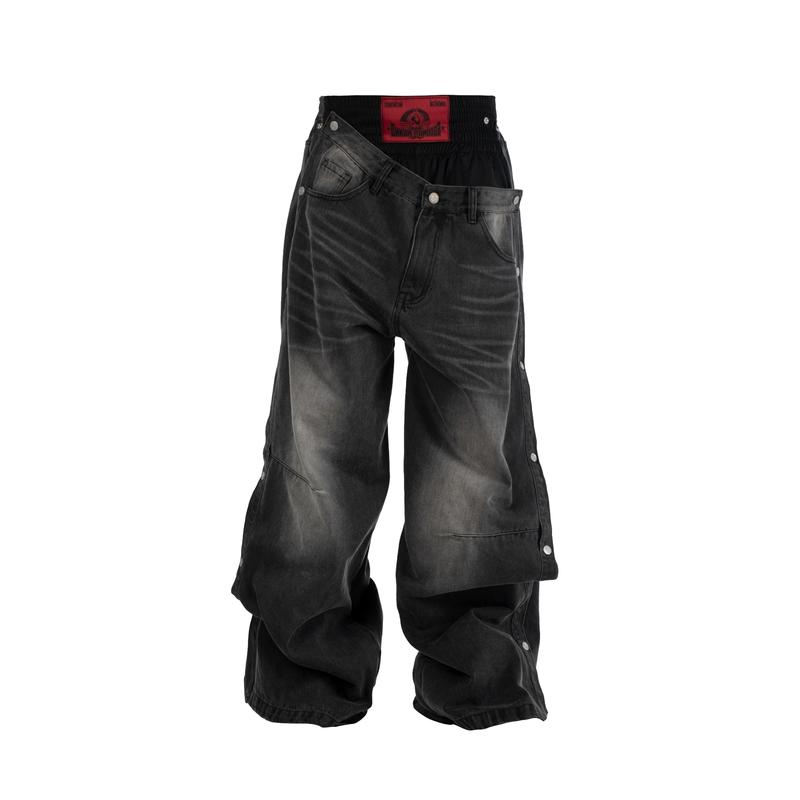 *Rye Chasin Deconstructed Double-Waistband Boxing Denim Detachable Combination Washed Iron Gray Relaxed Fit Jeans