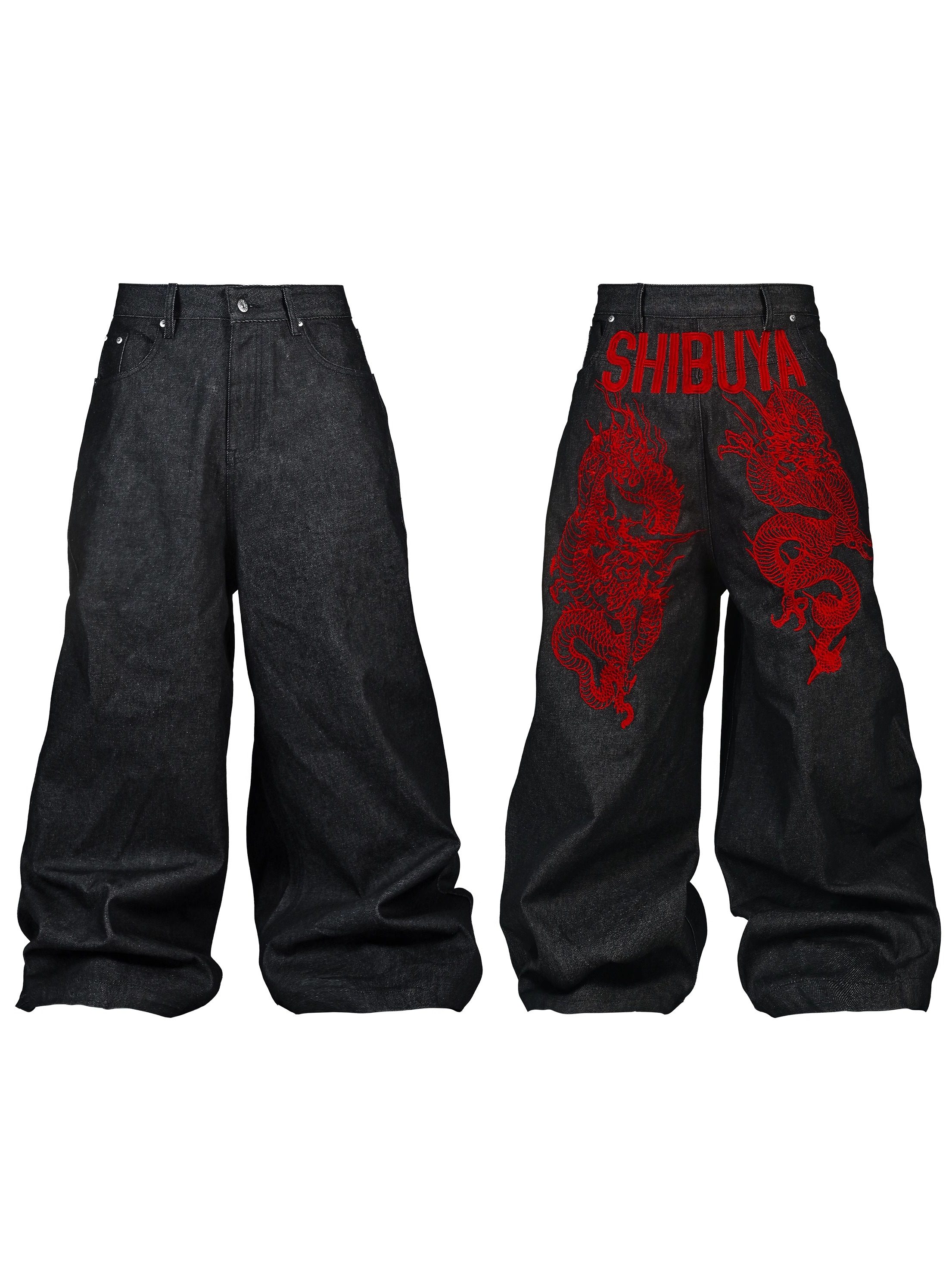 Rye chasin shibuya dragon embroidered jeans: reversible design 