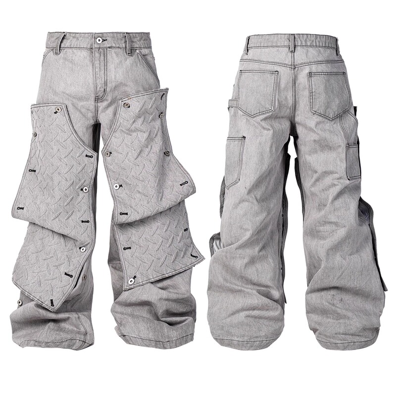 *Rye Chasin Steel Plate Three-Dimensional Printed Double-Knee Lumberjack Pants Show Gray Detachable Deconstructed Jeans